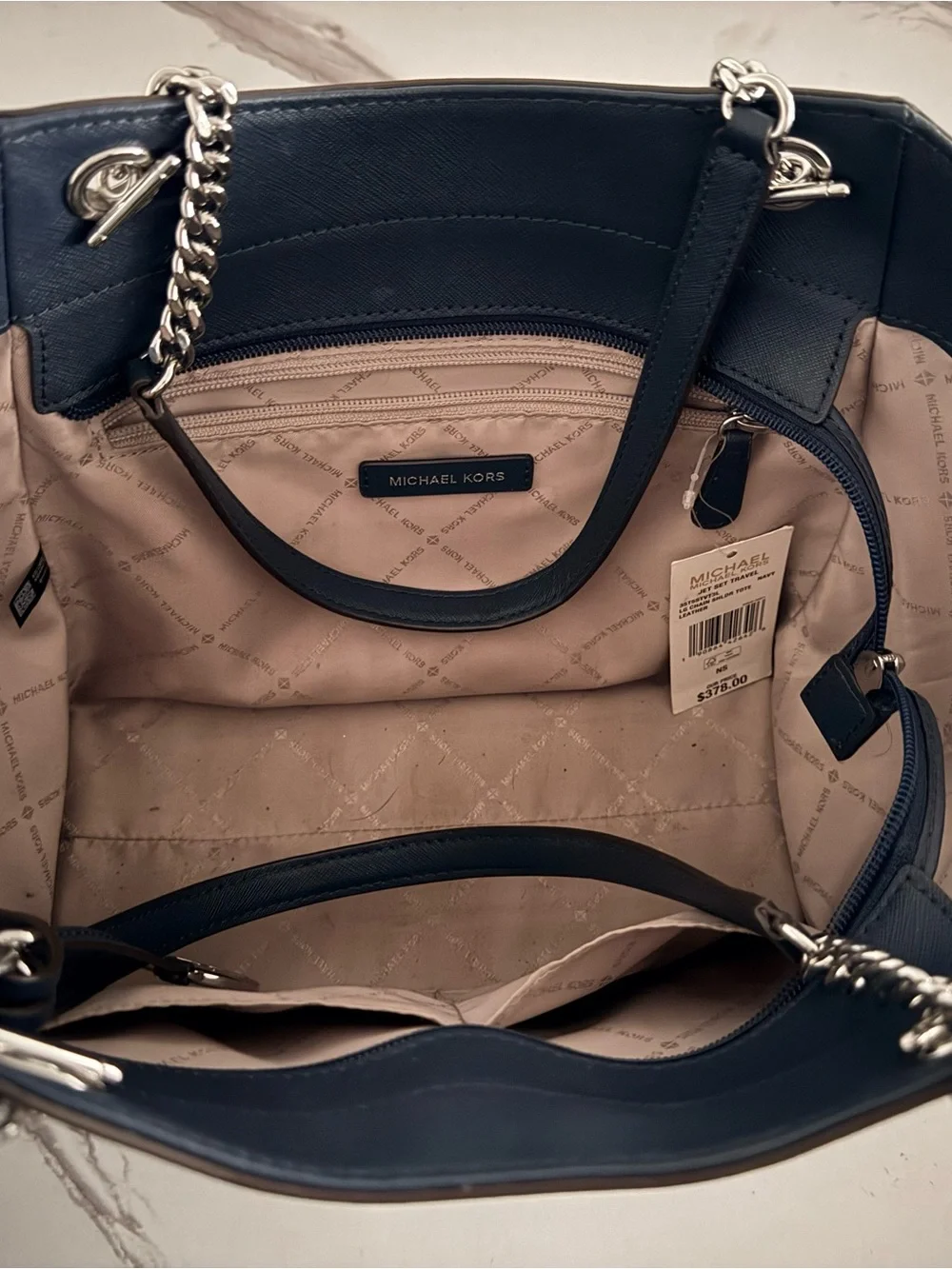 Michael Kors Navy Leather Shoulder Bag with Gold Chain Handles